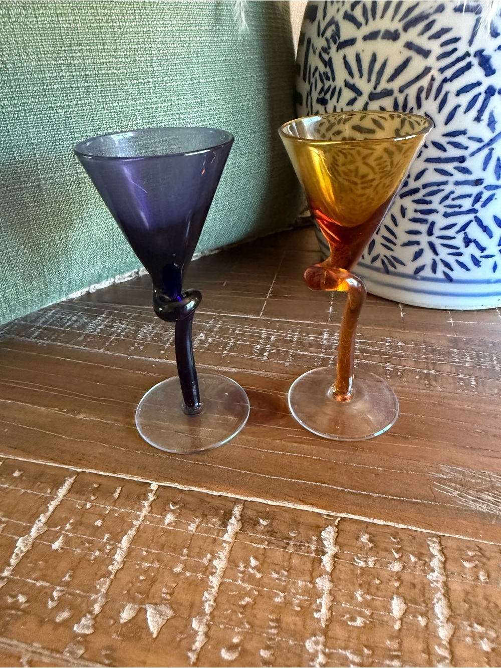 Pier 1 Imports Knotted Stem Martini Glasses Hand Blown Purple Amber Set of 2